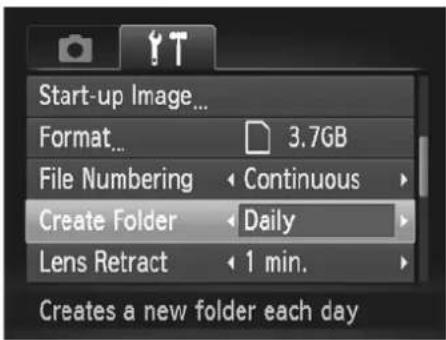 Start-up Image... Format... 3.7GB File Numbering Continuous Create Folder Daily Lens Retract 1 min. Creates a new folder each day