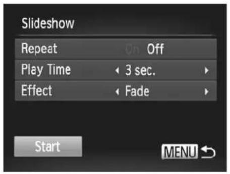 Slideshow Repeat On Off Play Time 3 sec. Effect Fade Start MENU ↕
