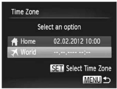 Time Zone Select an option Home 02.02.2012 10:00 World -..,..,...... -..; SET Select Time Zone MENU