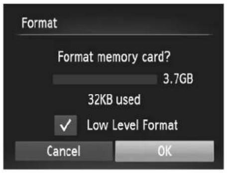 Format Format memory card? 3.7GB 32KB used ✓ Low Level Format Cancel OK