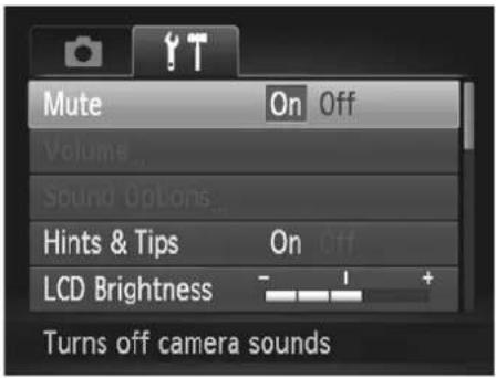 Mute On Off Volume... Sound Options... Hints & Tips On Off LCD Brightness - - 1 + Turns off camera sounds