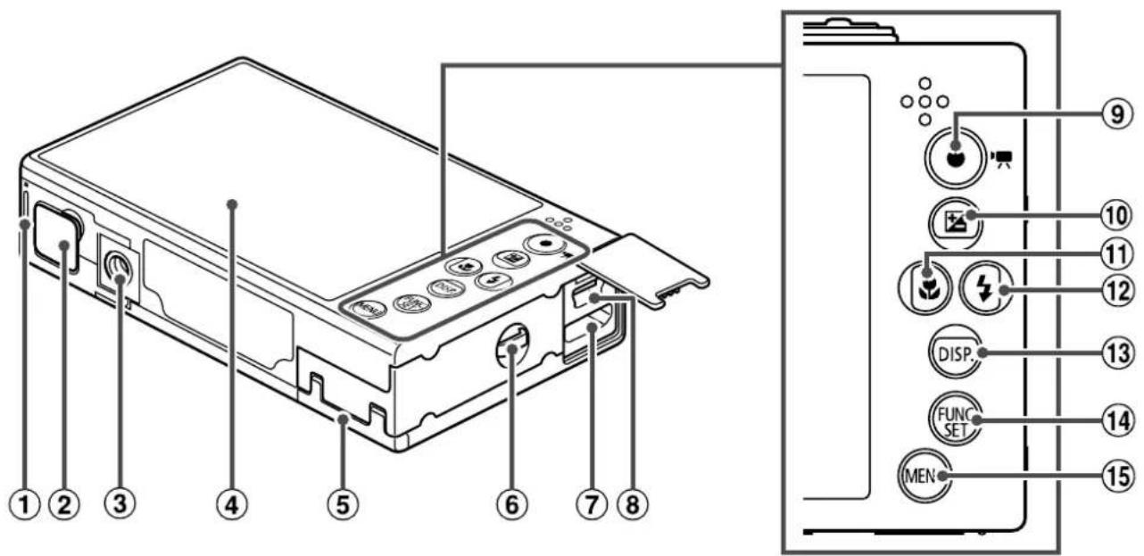 Diagram of a device rear panel with labeled ports and connection points, showing internal components like buttons, display, and function set.