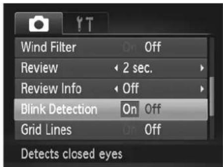 Wind Filter On Off Review 2 sec. Review Info Off Blink Detection On Off Grid Lines On Off Detects closed eyes