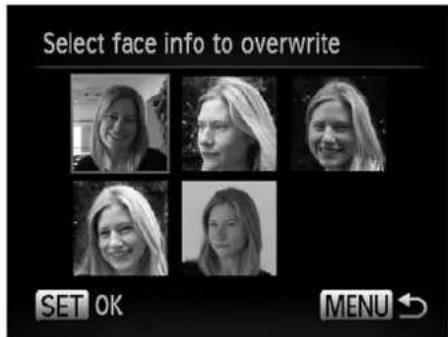 Select face info to overwrite SET OK MENU