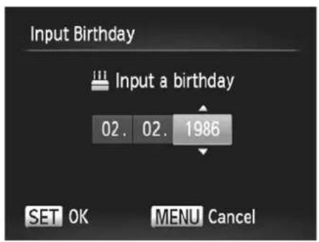 Input Birthday Input a birthday 02. 02. 1986 SET OK MENU Cancel
