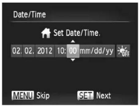 Date/Time Set Date/Time. 02. 02. 2012 10: 00 mm/dd/yy OFF MENU Skip SET Next