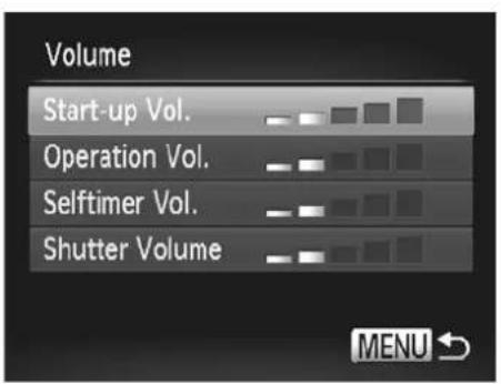 Volume Start-up Vol. Operation Vol. Selftimer Vol. Shutter Volume MENU