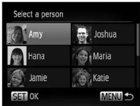 Select a person Amy Joshua Hana Maria Jamie Katie SET OK MENU ↕