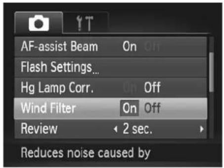 AF-assist Beam On Off Flash Settings... Hg Lamp Corr. On Off Wind Filter On Off Review 2 sec. Reduces noise caused by