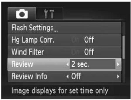 Flash Settings... Hg Lamp Corr. On Off Wind Filter On Off Review 2 sec. Review Info Off Image displays for set time only