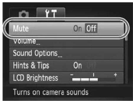 Mute On Off Volume... Sound Options... Hints & Tips On LCD Brightness - - 1 + Turns on camera sounds