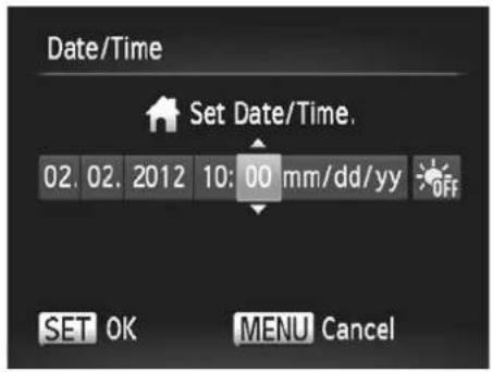 Date/Time Set Date/Time. 02. 02. 2012 10: 00 mm/dd/yy OFF SET OK MENU Cancel