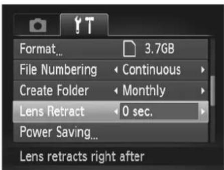 Format... 3.7GB File Numbering Continuous Create Folder Monthly Lens Retract 0 sec. Power Saving... Lens retracts right after