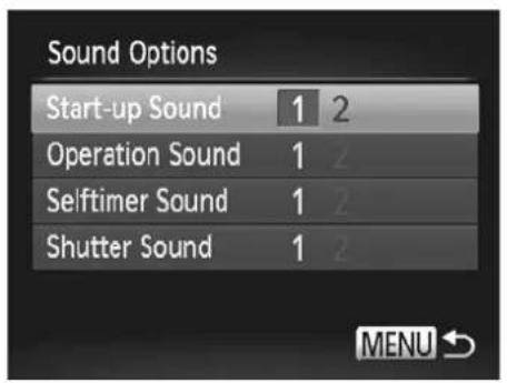 Sound Options Start-up Sound 1 2 Operation Sound 1 2 Selftimer Sound 1 2 Shutter Sound 1 2 MENU