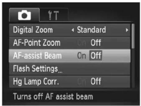 Digital Zoom AF-Point Zoom AF-assist Beam Flash Settings... Hg Lamp Corr. Standard On Off On Off On Off Turns off AF assist beam