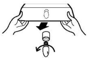 Diagram showing a hand holding a rectangular object with a downward arrow and a droplet on the right, indicating a process or procedure.