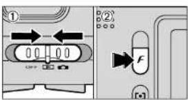 Diagram showing two labeled components: (1) a device with directional arrows and (2) a lock with a play button labeled 'F'