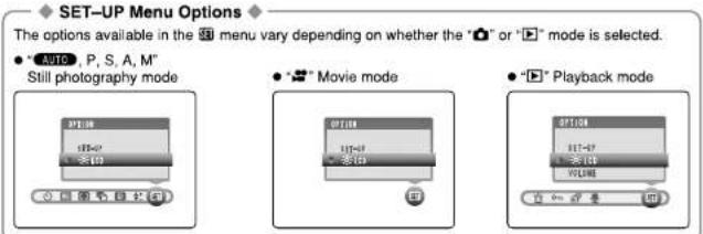 SET-UP Menu Options The options available in the 50 menu vary depending on whether the "○" or "▽" mode is selected. ● "AUTO", P, S, A, M" Still photography mode ● "Movie mode ● "Playback mode