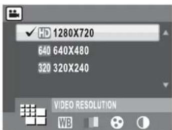 HD 1280X720 640 640X480 320 320X240 VIDEO RESOLUTION WB