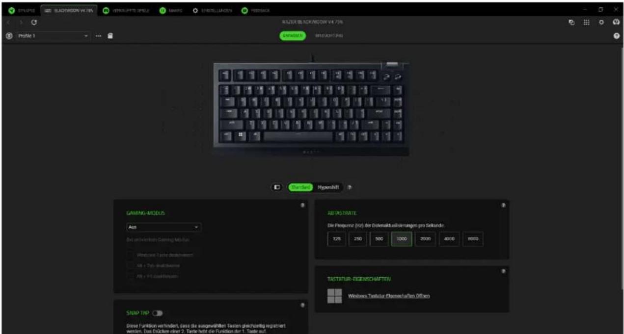 SYNAPSE BLACKWORD V4.75% VERKUPETE ZSPELE MAPRO SINTELUXACEN READBACK RAZER BLACKWORD V4.75% Profile 1 GEMMETH BELENKUNG Start Date Hyperschnitt GAMING-MODUS Aus Bei anverkten Gaming Modulus Windows: Taste deschweert All + Tab-dialdienze All + PC-dialdienzen ABIASTRATE Die Frequenz (10) der Datenaktusleistungen pro Solundte: 125 250 300 1000 2000 4000 8000. TASTATUR-EIGENCHAFTEN Windows: Textatur Eigenrechen Diflonen SNAP TAP Diese Funktion verhindert, dass die ausgewählten Testen gleichzeitig regiehen werten. Das Brücken einer 2. Taste heißt die Funktion der 1. Taste auf