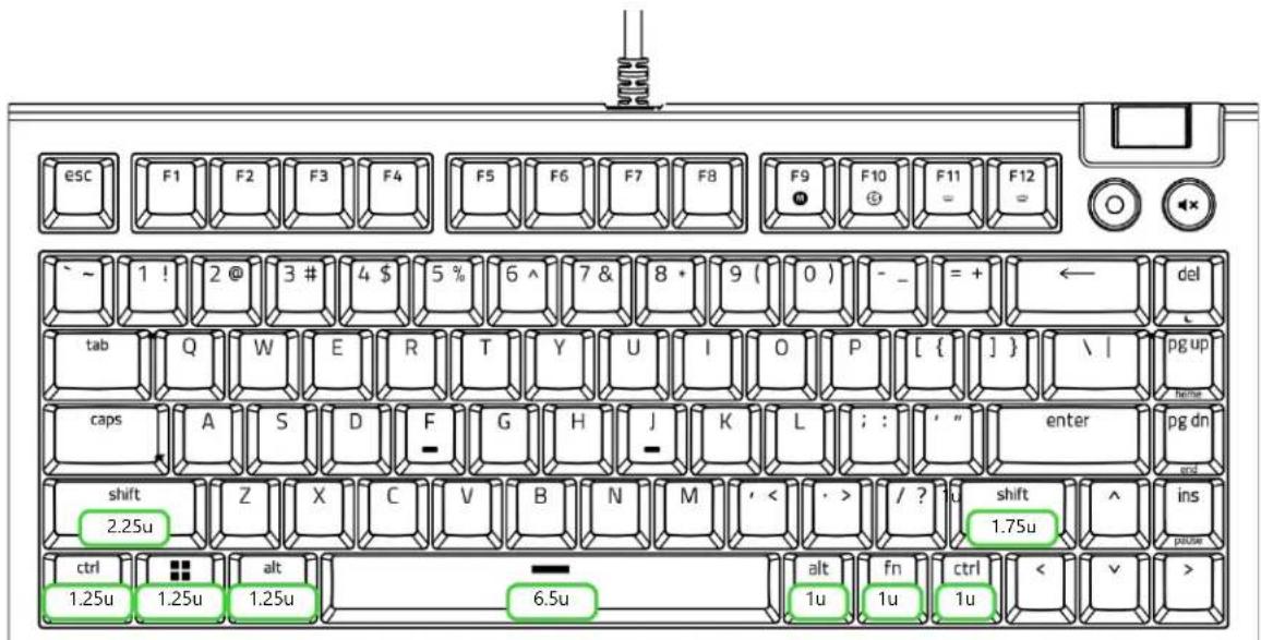 ESC F1 F2 F3 F4 F5 F6 F7 F8 F9 F10 F11 F12 ~ 1 ! 2 @ 3 # 4 $ 5 % 6 ^ 7 & 8 + 9 ( 0 ) - _ = + del tab Q W E R T Y U I O P [ { ] } \ / caps A S D F G H J K L ; : '' enter pg up caps shift Z X C V B N M < / ? u shift ^ ins 2.25u 1.75u ctrl alt ctrl < v > 1.25u 1.25u 1.25u 6.5u 1u 1u 1u