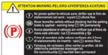 ATTENTION-WARNING-PELIGRO-AIVERTENZA-ACHTUNG P ① No jamais quitter le vehiculo sans verifier que lo frein de stationnement est serré : voyant ! allume fixe GR Never leave the vehicle without checking that the parking brake is applied : warning lamp ON permanently E Nunca abandonar de vehiculo sin verificar que el freno de maro este activado : luz ! encendida y fja ② Prima di scendere dalla vetura verifiare che il freno di stazionarronto sia inserio : spia ! accesa fissa D Fahrzeug ni verlassen, ohne vorher zu prafen, ob die elektrische parkbrense angezogenist. Die kontrollruechte ! leucitet dann permanent