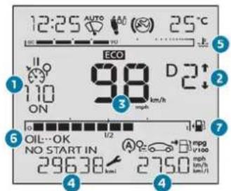 12:25 AUTO 25°C ECO 98 D 2: 110 3 mph ON mpg 6 OIL...OK 7 NO START IN 29638 km 2750 mpg v100 mph km/h km/1