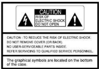 CAUTION RISK OF ELECTRIC SHOCK DO NOT OPEN CAUTION : TO REDUCE THE RISK OF ELECTRIC SHOCK. DO NOT REMOVE COVER (OR BACK). NO USER-SERVICEABLE PARTS INSIDE. REFER SERVICING TO QUALIFIED SERVICE PERSONNEL. The graphical symbols are located on the bottom of the case.