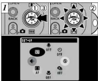 I OPEN ① ③ OPEN BACK ② MENU FOK BACK M SET-UP OFF OFF AF OFF