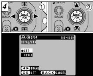 4 BACK MENU /OK 1 BACK MENU /OK 2 DPOF 100-0020 TOTAL/113 SET RESLI FRAME OK SET BACK CANCEL