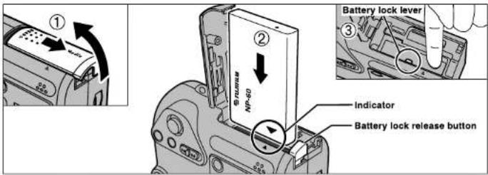Battery lock lever ① ② ③ Indicator Battery lock release button