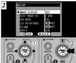 SET-UP ● IMAGE DISPLAY OFF AUTO POWER OFF 2 MIN USB MODE DSC LCD BRIGHTNESS SET VOLUME SET BEEP LOW OK BACK ① ② BACK BACK