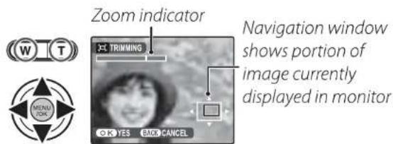 Zoom indicator TRIMMING Navigation window shows portion of image currently displayed in monitor OK YES BACK CANCEL
