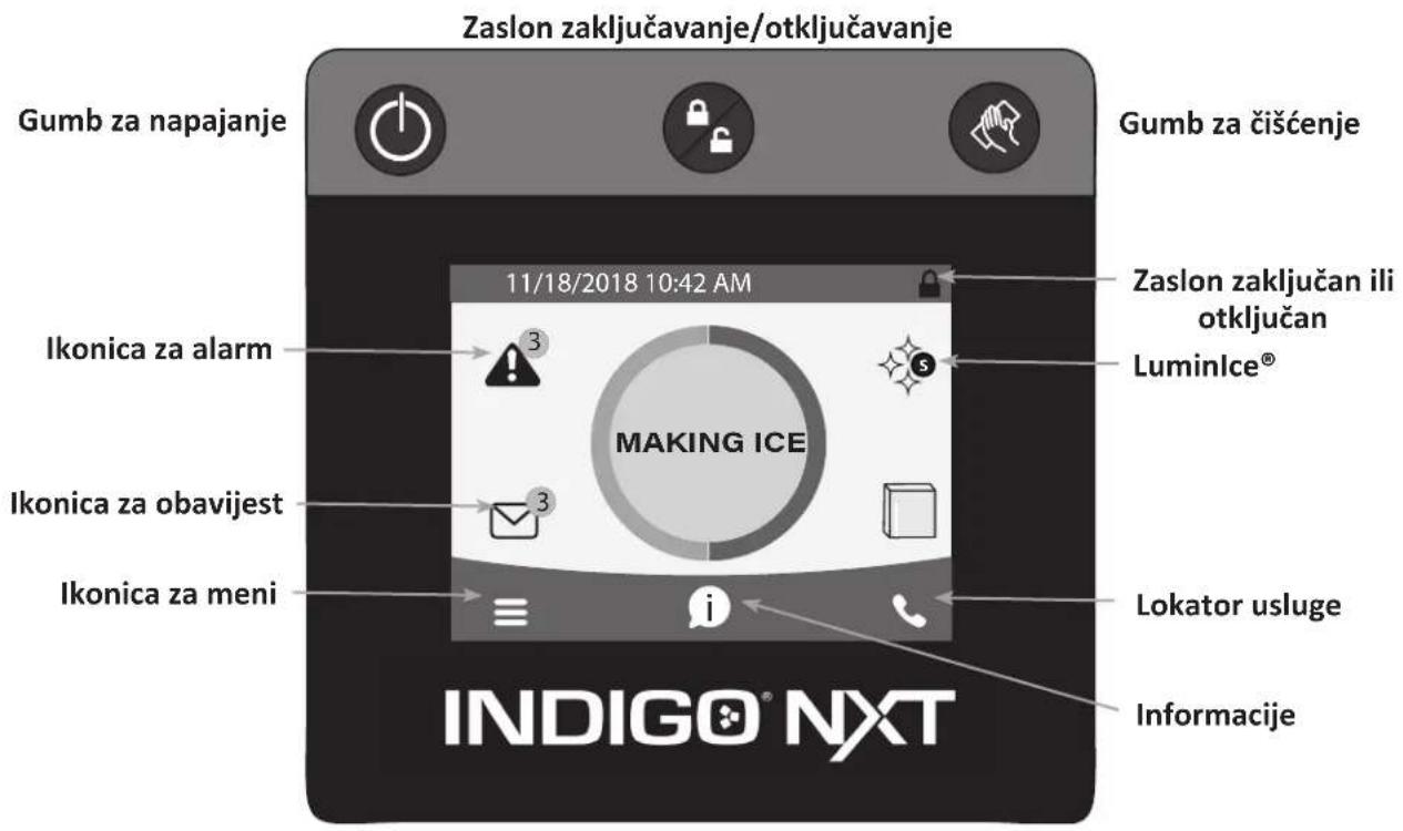 Zaslon zaključavanje/otključavanje Gumb za napajanje Gumb za čišćenje Ikonica za alarm 11/18/2018 10:42 AM Zaslon zaključan ili otključan Luminice® MAKING ICE Ikonica za obavijest 3 3 Ikonica za meni Lokator usluge Informacije INDIGO® NXT