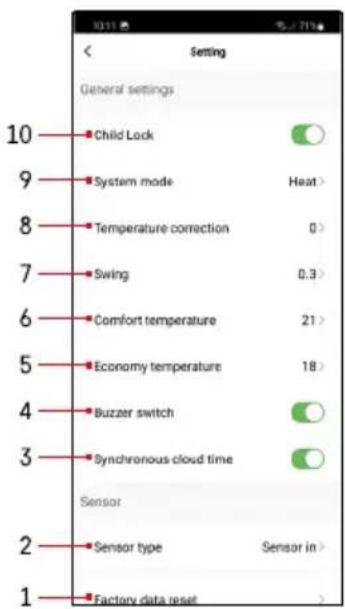 Setting General settings 10 Child Lock 9 System mode Heat> 8 Temperature correction 0> 7 Swing 0.3> 6 Comfort temperature 21> 5 Economy temperature 18> 4 Buzzer switch 3 Synchronous cloud time Sensor 2 Sensor type Sensor in > 1 Factory data reset >