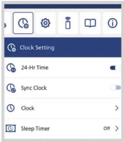 Clock Setting 24-Hr Time Sync Clock Clock Sleep Timer Off >