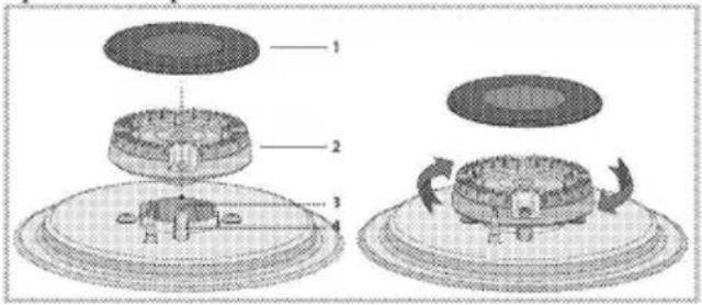 Technical diagram showing cross-sectional views of a mechanical component with numbered parts and directional arrows indicating rotation or movement.