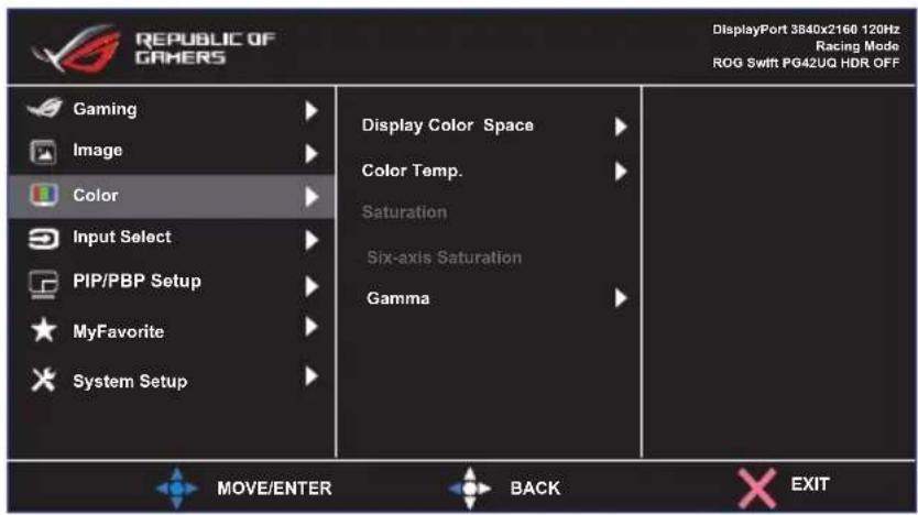 REPUBLIC OF GAMERS DisplayPort 3840x2160 120Hz Racing Mode ROG Swift PG42UQ HDR OFF Gaming Image Color Input Select PIP/PBP Setup MyFavorite System Setup Display Color Space Color Temp. Saturation Six-axis Saturation Gamma MOVE/ENTER BACK EXIT