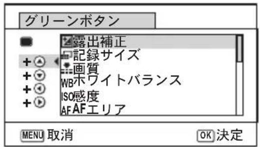 グリーンボタン 露出補正 記録サイズ 画質 WBホワイトバランス ISO感度 AF AFエリア MENU 取消 OK 決定