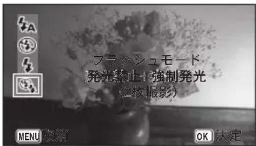フラッシュモード 発光禁止+強制発光 (2枚撮影) MENU 取消 OK 決定