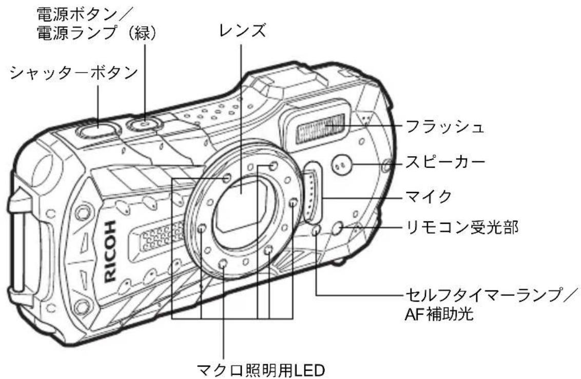 電源ボタン/ 電源ランプ(緑) シャッターボタン レンズ フラッシュ スピーカー マイク リモコン受光部 セルフタイマーランプ/ AF補助光 マクロ照明用LED
