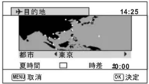 目的地 14:25 都市 東京 夏時間 時差 ±0:00 MENU 取消 OK 決定