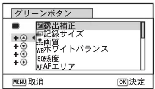 グリーンボタン 露出補正 記録サイズ 画質 WBホワイトバランス ISO感度 AF AFエリア MENU 取消 OK 決定