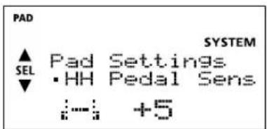 PAD SYSTEM ▲ Pad Settings SEL · HH Pedal Sens ↓ +5