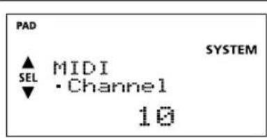 PAD ▲ MIDI SEL · Channel 10 SYSTEM
