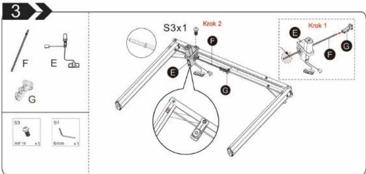 3 F E G S3x1 Krok 2 F E G S3 M3'16 x1 S1 6mm x1 E Krok 1 F G
