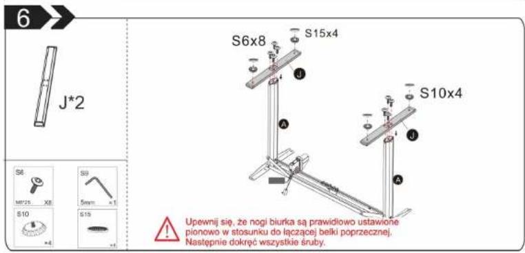 6 J*2 S8 MP25 X8 S9 5mm x1 S10 S15 A S6x8 S15x4 S10x4 A Upewnij się, że nogi biurka są prawidłowo ustawione pionowo w stosunku do łączącej belki poprzecznej. Następnie dokręć wszystkie śruby.