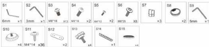 S1 6mm x1 S2 3mm x1 S3 M8*16 x13 S4 M5*16 x2 S5 M4*12 x2 S6 M6*25 x8 S7 x3 S8 x2 S9 5mm x1 S10 x4 S11 M4*14 x36 S12 x2 S13 x4 S14 x1 S15 x4