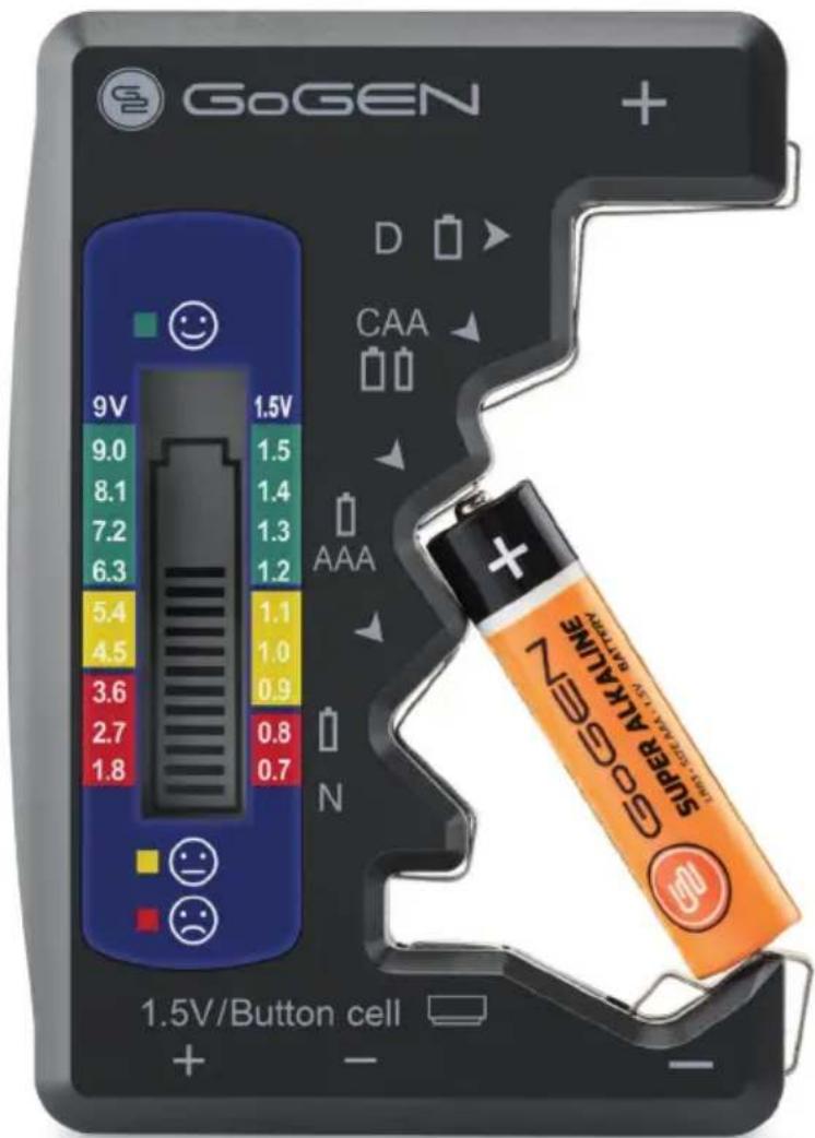 GoGEN 9V 1.5V 9.0 1.5 8.1 1.4 7.2 1.3 6.3 1.2 5.4 1.1 4.5 1.0 3.6 0.9 2.7 0.8 1.8 0.7 D CAA AAA N 1.5V/Button cell + - Super AI KON