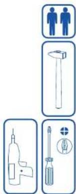 Diagram showing four types of bathroom fixtures: standing person, hammer, screwdriver, and bulb with a magnified view.